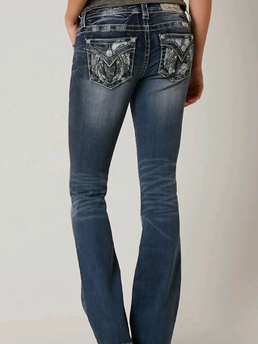 Miss Me Dark Blue Embellished Back-Pocket Flare Jeans Mid Rise Sz 28